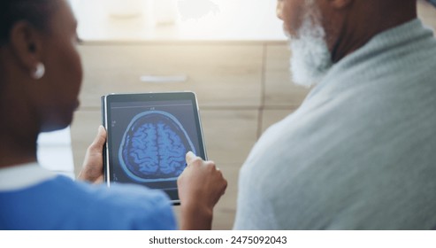 Healthcare, tablet screen or brain scan by doctor with old man for medical, analysis or diagnosis. Neuro, digital radiography or neurologist and patient for Alzheimer, dementia or memory loss surgery - Powered by Shutterstock