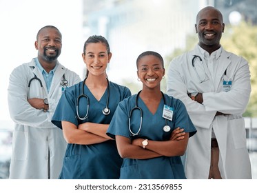 Healthcare, teamwork and portrait of doctors with crossed arms for medical care, wellness and support. Hospital, happy and men and women health worker for cardiology service, consulting and medicare - Powered by Shutterstock