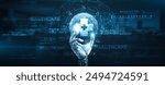 Healthcare technology, Hands of robot hold healthcare system management tools, health records, medical devices, diagnostics, and patient monitoring technology.