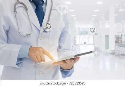 Healthcare Technology And Medical Concept. Doctor Using Digital Tablet With Screen Interface.