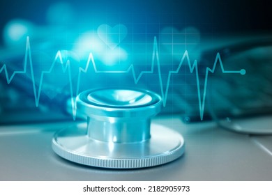 Healthcare Technology , Medical Examination Concept With Stehoscope And Digital Heartbeat