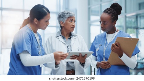 Healthcare, women and doctor with tablet and clipboard for discussion about medical procedure or protocol. Teamwork, female people and nurse with tech for analysis of surgery results and conversation - Powered by Shutterstock