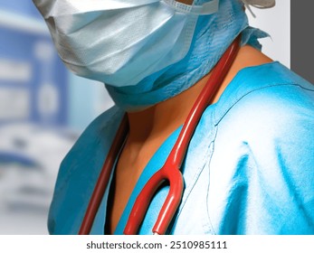  A healthcare worker in a surgical mask and scrubs, wearing a stethoscope, prepared for medical procedures. - Powered by Shutterstock