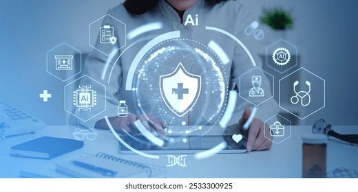 A healthcare worker uses a tablet with AI icons, showcasing healthcare innovation - Powered by Shutterstock