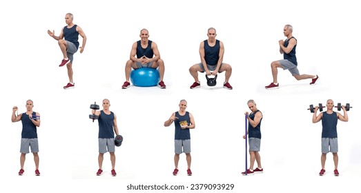 Healthy and active senior man with different professional fitness posture set of weight and body training, cardio exercise on isolated background in full body length shot. Clout