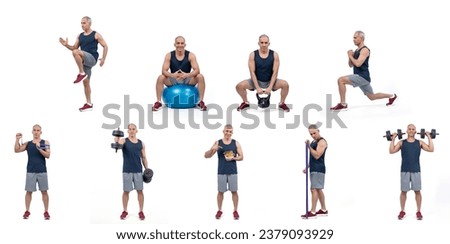 Healthy and active senior man with different professional fitness posture set of weight and body training, cardio exercise on isolated background in full body length shot. Clout