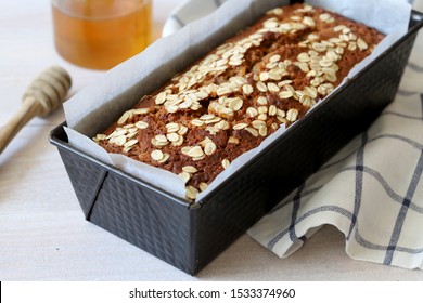 Healthy Apple And Honey Loaf Cake With Oats And Cinnamon. Rosh Hashanah Dessert Cake