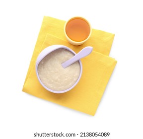 Healthy Baby Food In Bowl And Cup With Drink On White Background, Top View