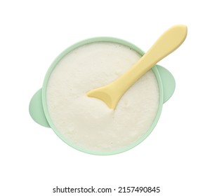 Healthy Baby Food In Bowl On White Background, Top View