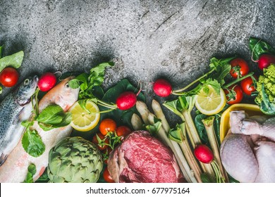 Healthy Balanced Eating And Diet Nutrition Concept. Various Organic Foods Ingredients: Fish,meat,poultry,chicken,vegetables And Greens Seasoning On Gray Stone Background, Top View, Border