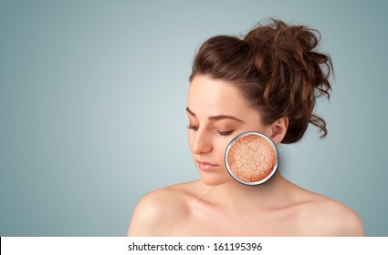 Healthy Beautiful Young Girl With Magnifying Glass Of Skin Damage