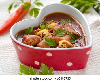 Healthy Beef Stew In Heart Shaped Bowl  With Parsley And Chili