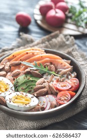 Healthy Bowl With Salmon, Avocado, Egg And Vegs