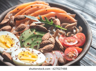 Healthy Bowl With Salmon, Avocado, Egg And Vegs