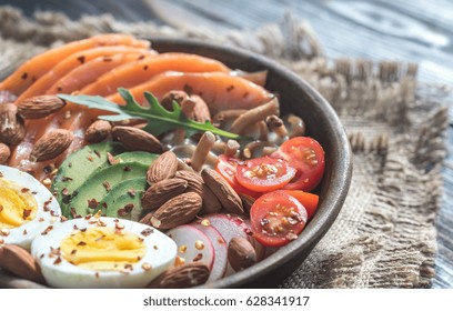 Healthy Bowl With Salmon, Avocado, Egg And Vegs