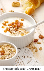 Healthy breakfast. Apple yogurt with cereal