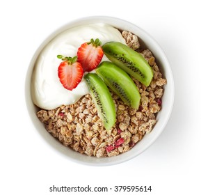 Healthy Breakfast, Bowl Of Granola With Yogurt And Fresh Fruits On White Background, Top View