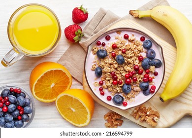 Healthy breakfast. Bowl of yogurt with granola and berries
