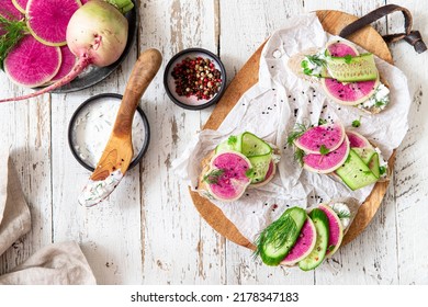 Healthy Breakfast Bruschetta From Sliced Watermelon Radish And Cottage Cheese	
