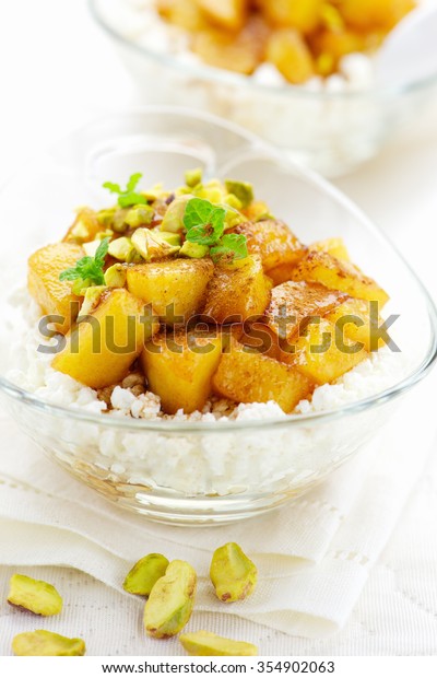 Healthy Breakfast Cottage Cheese Caramelized Cinnamon Stock Photo