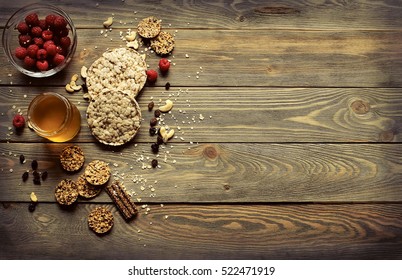 Healthy Breakfast. Crispbread, Raspberries And Honey On The Table, Wooden Background