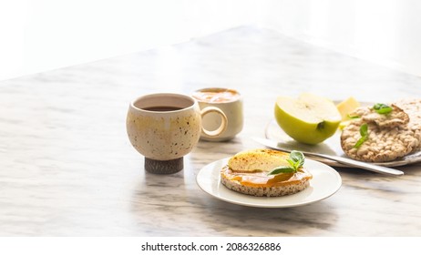 Healthy Breakfast. Crunchy Buckwheat And Rice Snack With Almond Butter And Apple, Hot Drink On The Table. Large Image For Banner.