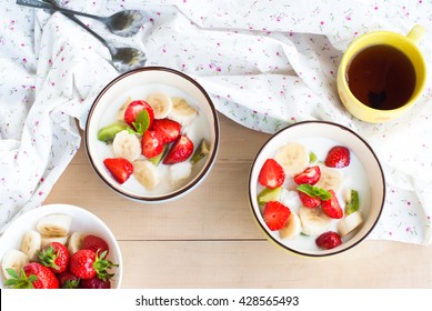 Healthy Breakfast - Curd With Yogurt Fruits And Berries. Top View.