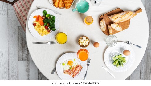 Healthy Breakfast With Different Cooked Eggs, Coffee. Flat-lay Of Plates With Food Over White Textile Round Table Background, Top View. Stay Home.
