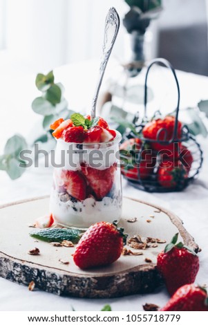 Similar – Foto Bild Frische Erdbeeren im Sieb und Marmelade im Glas