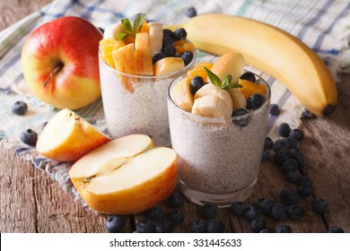 Healthy Breakfast: Fruit, Yogurt, And Chia Seeds In A Glass Close-up On The Table. Horizontal
