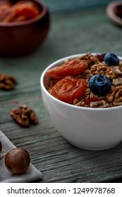 Healthy Breakfast. Granola, Walnut, Macadamia Nut And Dried Apricots.