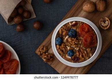 Healthy Breakfast. Granola, Walnut, Macadamia Nut And Dried Apricots.