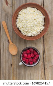 Healthy Breakfast Items. Oatmeal, Milk, Fresh Berries And Cottage Cheese. Overhead View, Rustic Style