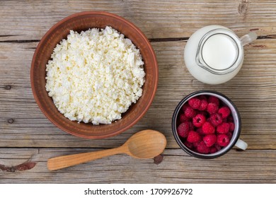 Healthy Breakfast Items. Oatmeal, Milk, Fresh Berries And Cottage Cheese. Overhead View, Rustic Style