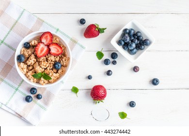 Healthy Breakfast With Muesli And Berries, Top View, Flat Lay