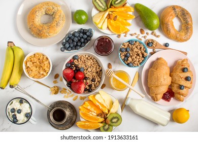 Healthy breakfast on a gray background. The concept of tasty and healthy food. Top view, copy space. fresh healthy breakfast - Shutterstock ID 1913633161