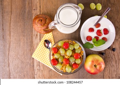 Healthy Breakfast On Wooden Table, Upper View