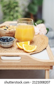 Healthy Breakfast.  Orange Juice, Fruits And Bowl With Granola On A Tray.  Breakfast In Bed. 