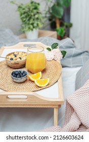 Healthy Breakfast.  Orange Juice, Fruits And Bowl With Granola On A Tray.  Breakfast In Bed. 