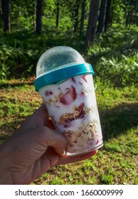 Healthy Breakfast Overnight Oats With Strawberries, Blueberries And In A Plastic Container With Beautiful, Green Outdoor Background - Food Prep And Meal Prep Concept