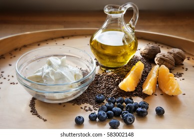 Healthy Breakfast With Quark Or Cottage Cheese, Flaxsamen, Linseed Oil And Fresh Fruits On A Wooden Board, Dietary Fatty Acids With Omega 3, Selected Focus, Narrow Depth Of Field