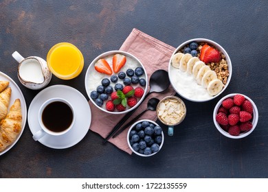 Healthy breakfast set on black background. The concept of delicious and healthy food. Top view, copy space. - Shutterstock ID 1722135559