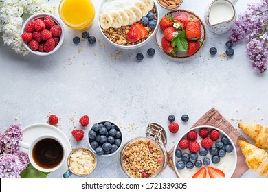 Healthy breakfast set on grey background. The concept of delicious and healthy food. Top view, copy space. - Shutterstock ID 1721339305