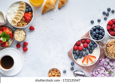 Healthy breakfast set on grey background. The concept of delicious and healthy food. Top view, copy space. - Shutterstock ID 1722135547