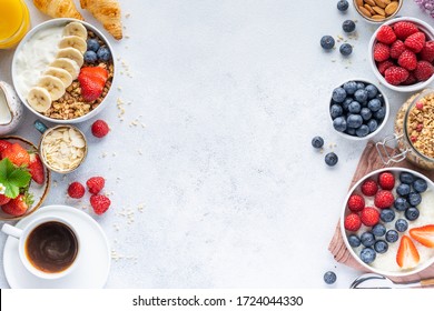 Healthy breakfast set on grey background. The concept of delicious and healthy food. Top view, copy space. - Shutterstock ID 1724044330