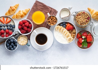 Healthy breakfast set on grey background. The concept of delicious and healthy food. Top view, copy space. - Shutterstock ID 1726761517