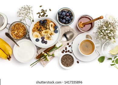 Healthy Breakfast Set On White Background, Top View, Copy Space