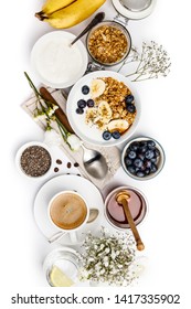 Healthy Breakfast Set On White Background, Top View, Copy Space