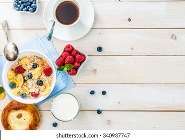 healthy breakfast with text space top view