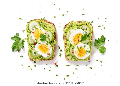 Healthy Breakfast Toast With Avocado Smash And Boiled Egg. Isolated On White Background, Top View